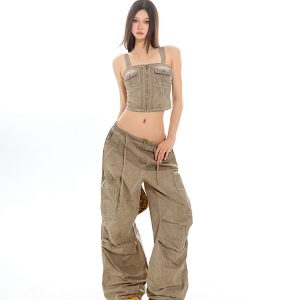 Slim Fit Zipper Vest and Loose Straight Work Pants Set - Cool Sensation Hot Girl Workwear Outfit, 90s Inspired Fashion