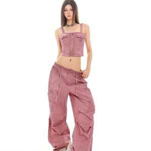 Slim Fit Zipper Vest and Loose Straight Work Pants Set - Cool Sensation Hot Girl Workwear Outfit, 90s Inspired Fashion