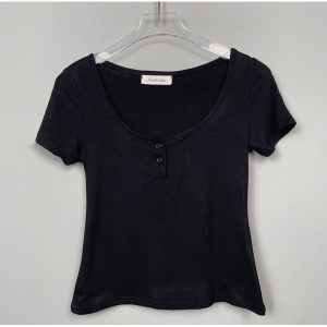 Slimming Black Half-Open Collar Short Sleeve T-Shirt for Women - Korean Style Chest-Enhancing Fitted Top