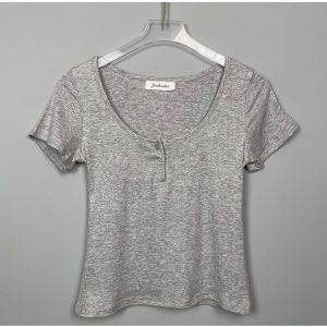 Slimming Black Half-Open Collar Short Sleeve T-Shirt for Women - Korean Style Chest-Enhancing Fitted Top