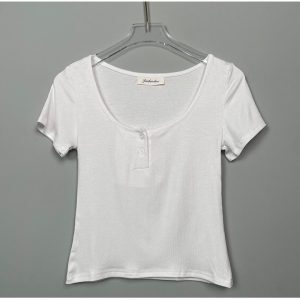 Slimming Black Half-Open Collar Short Sleeve T-Shirt for Women - Korean Style Chest-Enhancing Fitted Top