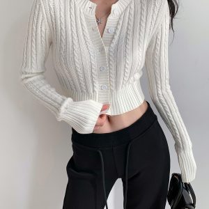 Slimming High Waist Round Neck Cable Knit Cardigan for Girls - Long Sleeve European & American Style Outerwear Top