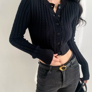 Slimming High Waist Round Neck Cable Knit Cardigan for Girls - Long Sleeve European & American Style Outerwear Top