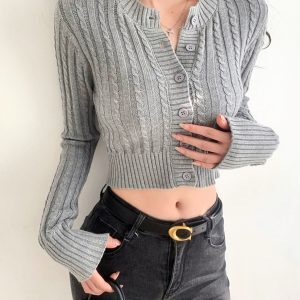 Slimming High Waist Round Neck Cable Knit Cardigan for Girls - Long Sleeve European & American Style Outerwear Top