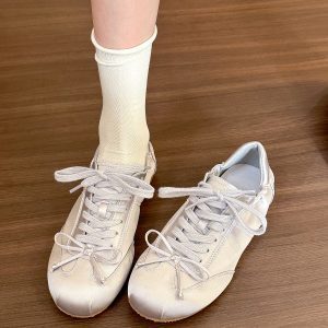 Soft and Cute Girly Bow White Lace-Up Sneakers for Women - Summer Casual Shoes in Y2K Style