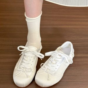 Soft and Cute Girly Bow White Lace-Up Sneakers for Women - Summer Casual Shoes in Y2K Style