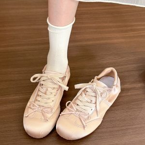 Soft and Cute Girly Bow White Lace-Up Sneakers for Women - Summer Casual Shoes in Y2K Style