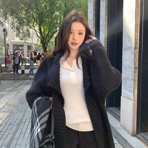 Soft Cozy Loose Knitted Sweater Coat for Women - Elegant Mid-Length Cardigan for Spring 2024, Casual Chic Layering Piece