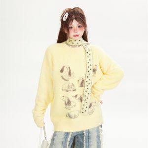 Soft Mink Fur Sweater for Women - Childlike Dog Design, Round Neck Pullover, Cozy Autumn Winter Knitted Top