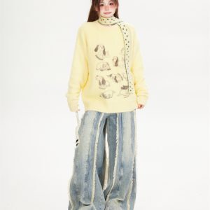 Soft Mink Fur Sweater for Women - Childlike Dog Design, Round Neck Pullover, Cozy Autumn Winter Knitted Top