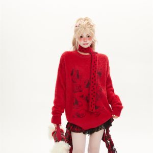 Soft Mink Fur Sweater for Women - Childlike Dog Design, Round Neck Pullover, Cozy Autumn Winter Knitted Top