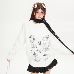 Soft Mink Fur Sweater for Women - Childlike Dog Design, Round Neck Pullover, Cozy Autumn Winter Knitted Top