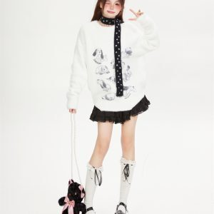 Soft Mink Fur Sweater for Women - Childlike Dog Design, Round Neck Pullover, Cozy Autumn Winter Knitted Top