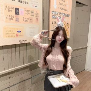 Soft Peach Bunny Hollow Knit Vest Cardigan Set - Lightweight Soft Pink Layering Piece for Spring and Summer Fashion