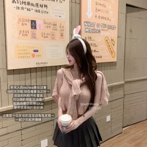 Soft Peach Bunny Hollow Knit Vest Cardigan Set - Lightweight Soft Pink Layering Piece for Spring and Summer Fashion