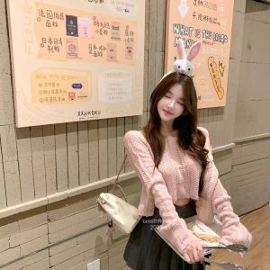 Soft Peach Bunny Hollow Knit Vest Cardigan Set - Lightweight Soft Pink Layering Piece for Spring and Summer Fashion