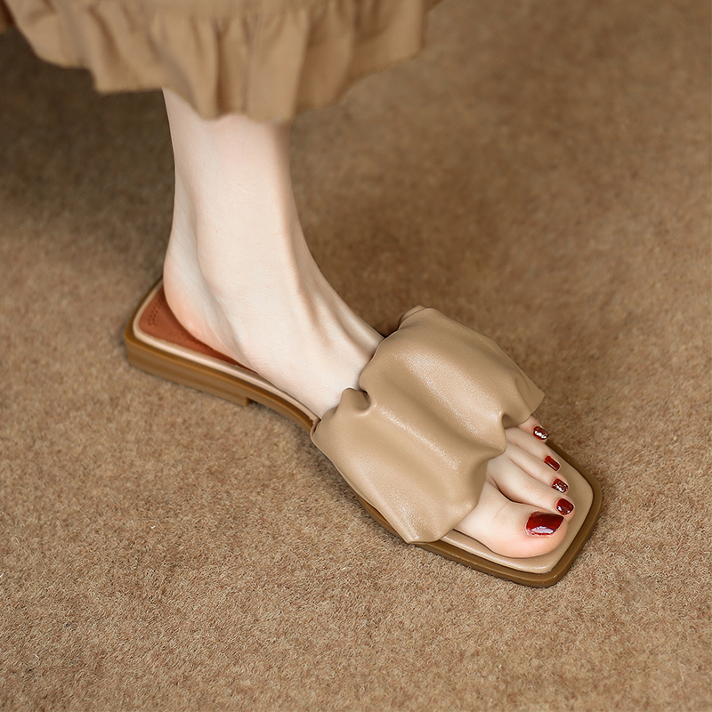 Soft Pleated Open-Toe Flat Sandals for Women - Summer Square-Toe Slide Sandals, Perfect for Outdoor Y2K Style