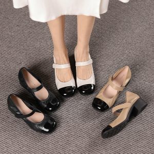 Soft Sole Retro One-Strap Mary Jane Shoes for Women - Chunky Heel Genuine Leather Color-Blocking Square Toe Mid Heel Grandma Style