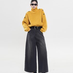 Solid Color High-Neck Off-Shoulder Long Sleeve Knitted Sweater for Women - Loose Thick Autumn Winter Top, Korean Style Fashion