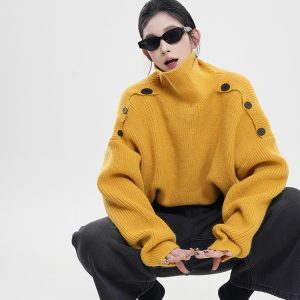 Solid Color High-Neck Off-Shoulder Long Sleeve Knitted Sweater for Women - Loose Thick Autumn Winter Top, Korean Style Fashion