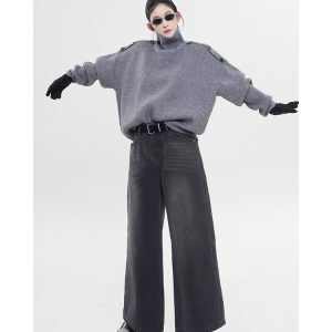 Solid Color High-Neck Off-Shoulder Long Sleeve Knitted Sweater for Women - Loose Thick Autumn Winter Top, Korean Style Fashion