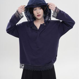 Solid Color Lace Design Hooded Long Sleeve T-Shirt for Women - Autumn Winter Korean Style Loose Plush Base Top