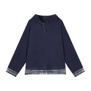 Solid Color Lace Design Hooded Long Sleeve T-Shirt for Women - Autumn Winter Korean Style Loose Plush Base Top