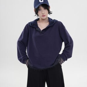 Solid Color Lace Design Hooded Long Sleeve T-Shirt for Women - Autumn Winter Korean Style Loose Plush Base Top