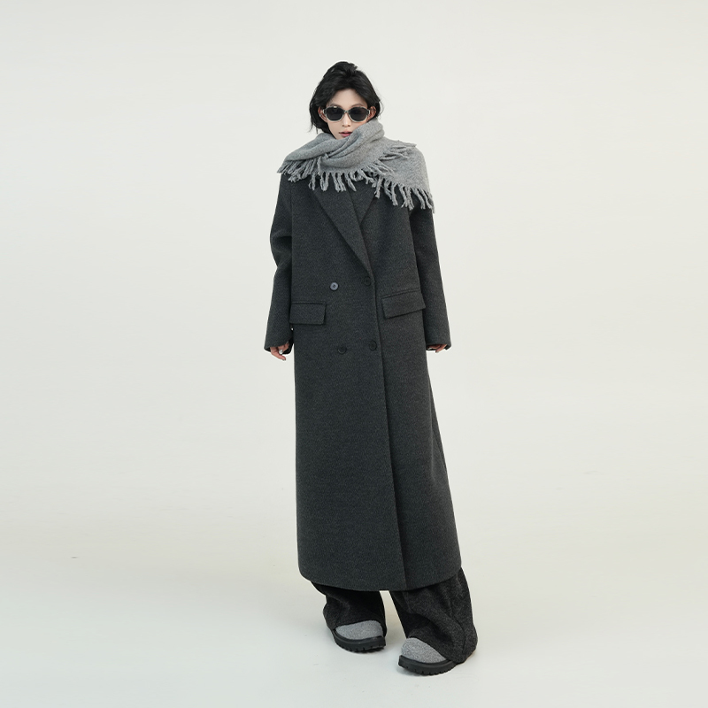 Solid Color Lapel Long Sleeve Wool Coat for Women - Autumn Winter Korean Style High-End Loose Versatile Woolen Overcoat