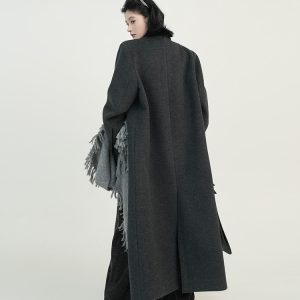 Solid Color Lapel Long Sleeve Wool Coat for Women - Autumn Winter Korean Style High-End Loose Versatile Woolen Overcoat
