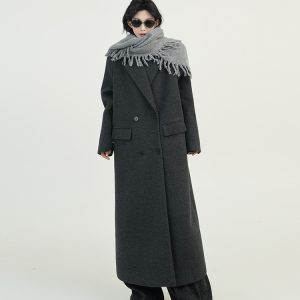 Solid Color Lapel Long Sleeve Wool Coat for Women - Autumn Winter Korean Style High-End Loose Versatile Woolen Overcoat