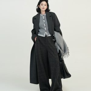 Solid Color Lapel Long Sleeve Wool Coat for Women - Autumn Winter Korean Style High-End Loose Versatile Woolen Overcoat