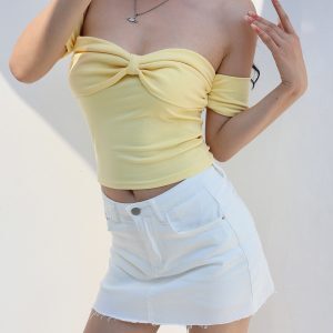 Solid Color One-Shoulder T-Shirt with Sweet Bow, Short Sleeve Slimming Top for Vacation - Sexy Hot Girl Style