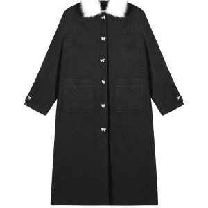 Solid Color Padded Thickened Fur Collar Long Sleeve Woolen Coat for Women - Winter Korean Style Loose Warm Wool Coat
