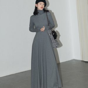 Solid Color Turtleneck Long Sleeve Dress for Women - Autumn Winter Korean Style High-End Loose A-Line Skirt