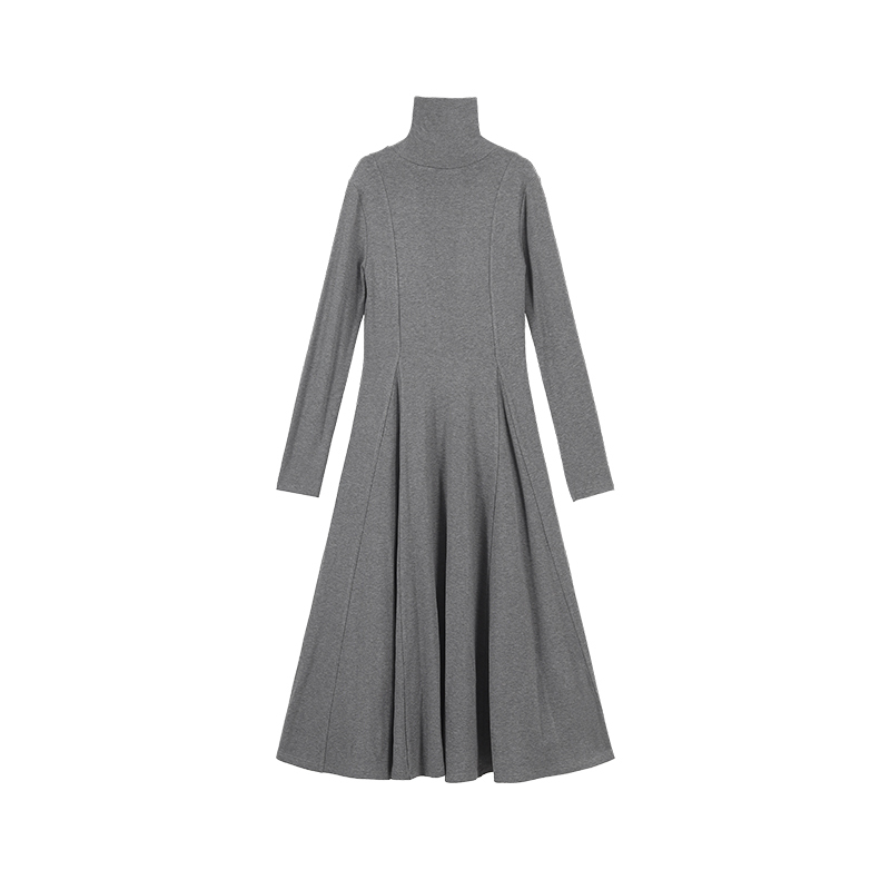 Solid Color Turtleneck Long Sleeve Dress for Women - Autumn Winter Korean Style High-End Loose A-Line Skirt