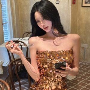 Sparkling Starry River Strapless Bodycon Mini Dress in Gold and Red - Sexy Classic Party Skirt for Hot Girls