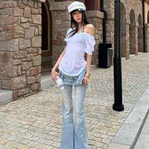 Spicy American Retro Top - Slightly Sheer Cross V-Neck Short Sleeve T-Shirt for Women's Casual Style