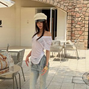 Spicy American Retro Top - Slightly Sheer Cross V-Neck Short Sleeve T-Shirt for Women's Casual Style