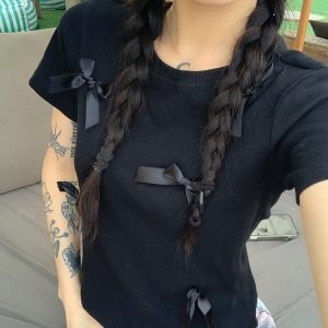 Spicy Girl Bow Shoulder Short Sleeve T-Shirt for Women - Slim Fit Flattering Cropped Top in American Style
