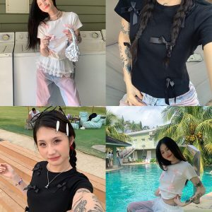 Spicy Girl Bow Shoulder Short Sleeve T-Shirt for Women - Slim Fit Flattering Cropped Top in American Style
