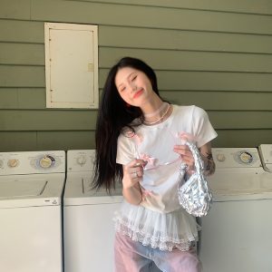 Spicy Girl Bow Shoulder Short Sleeve T-Shirt for Women - Slim Fit Flattering Cropped Top in American Style