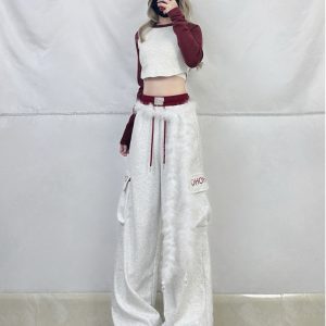 Spicy Girl Dance Outfit - Women's Raglan Short Top with Red Double-Waist Spliced Sports Pants, Trendy Y2K Style