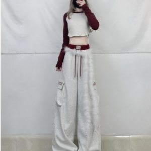 Spicy Girl Dance Outfit - Women's Raglan Short Top with Red Double-Waist Spliced Sports Pants, Trendy Y2K Style
