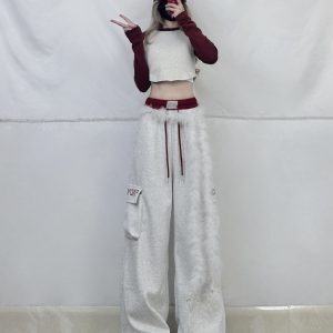 Spicy Girl Dance Outfit - Women's Raglan Short Top with Red Double-Waist Spliced Sports Pants, Trendy Y2K Style