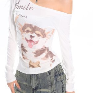 Spicy Girl Dog Print Off-Shoulder Long Sleeve T-Shirt for Women, Fitted Spring Top, American Style, Casual Fashion