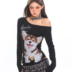 Spicy Girl Dog Print Off-Shoulder Long Sleeve T-Shirt for Women, Fitted Spring Top, American Style, Casual Fashion