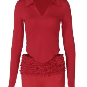 Spicy Girl Fashion Set for Women: V-Neck Slim-Fit Long Sleeve Top & Lace Shorts Two-Piece Set - Chic Y2K Style