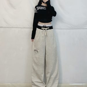 Spicy Girl Jazz Dance Double Waist Spliced Embroidered Loose Casual Sweatpants for Women - Hip Hop Sports Pants