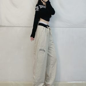Spicy Girl Jazz Dance Double Waist Spliced Embroidered Loose Casual Sweatpants for Women - Hip Hop Sports Pants